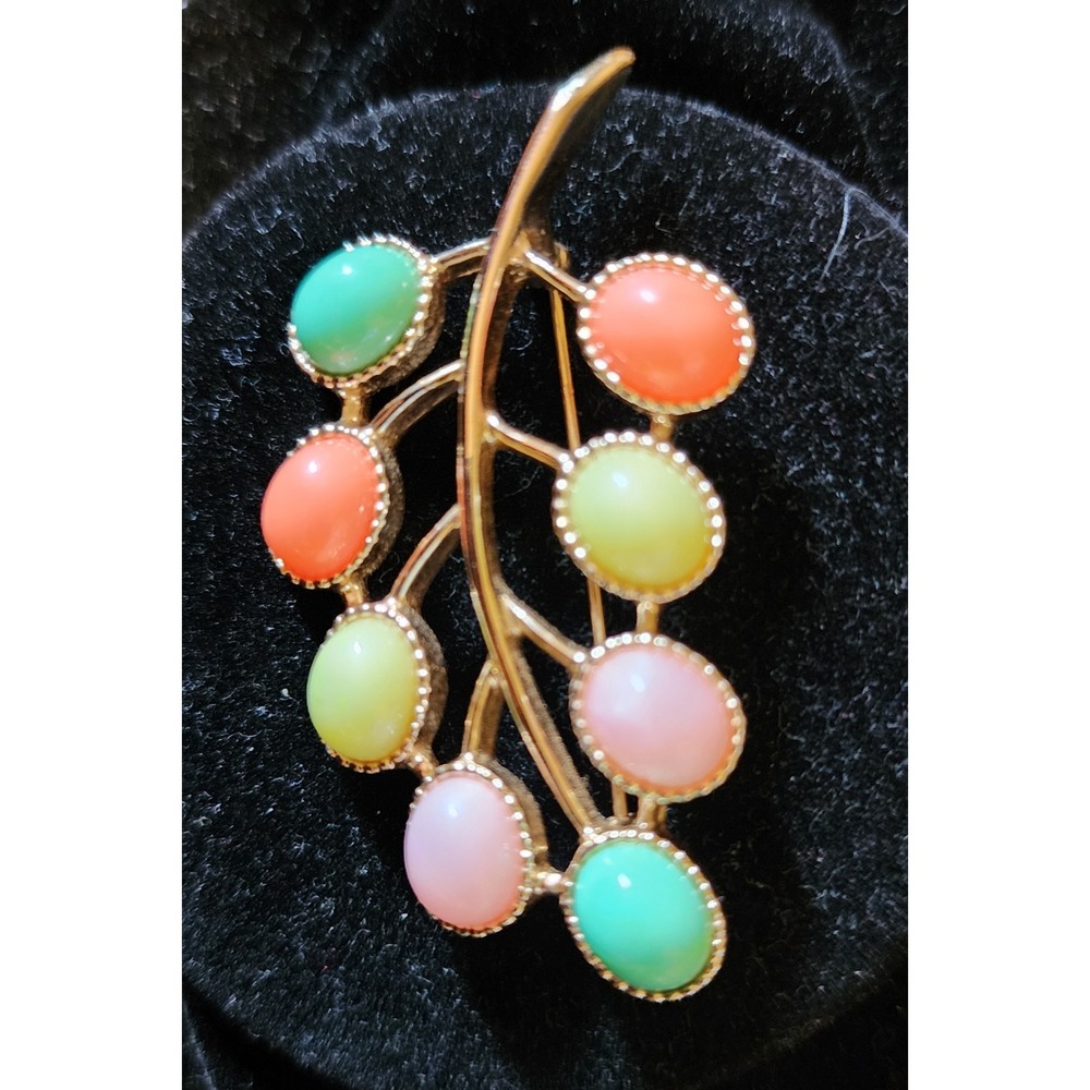 VTG Sarah Coventry Gold Tone Pastel Cabochon Leaf Branch Brooch MCM Easter